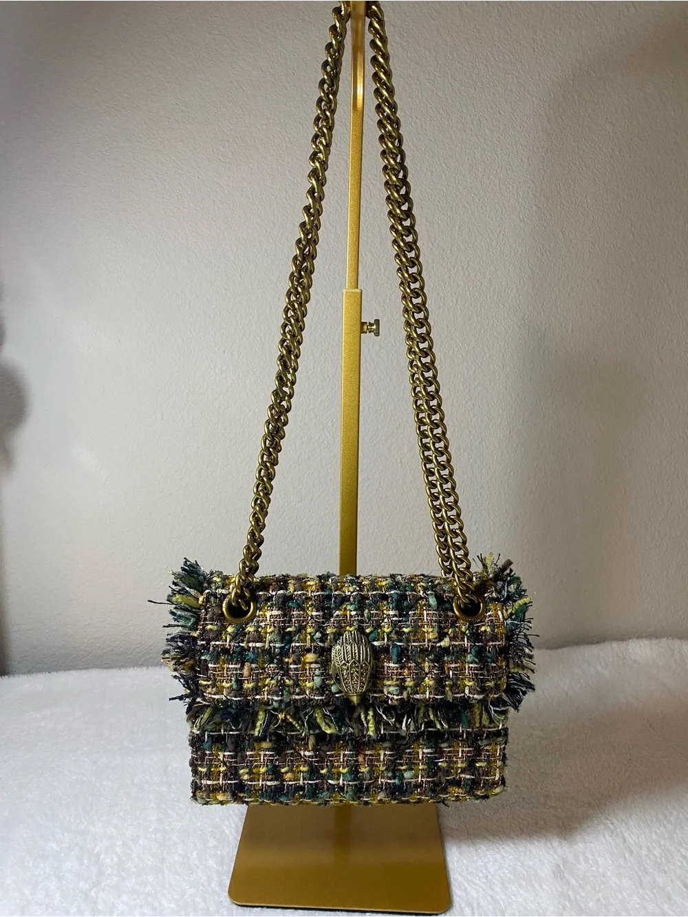 Kurt Geiger London Mini Kensington Tweed Crossbody Bag Green Gold Multi Color